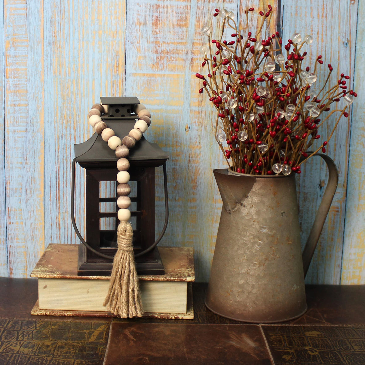 CVHOMEDECO. Wood Bead Garland with Tassels 3 PCS Farmhouse Rustic Wooden Prayer Beads String Wall Hanging Accent for Home Festival Decoration. Mix Distressed CVHOMEDECO.
