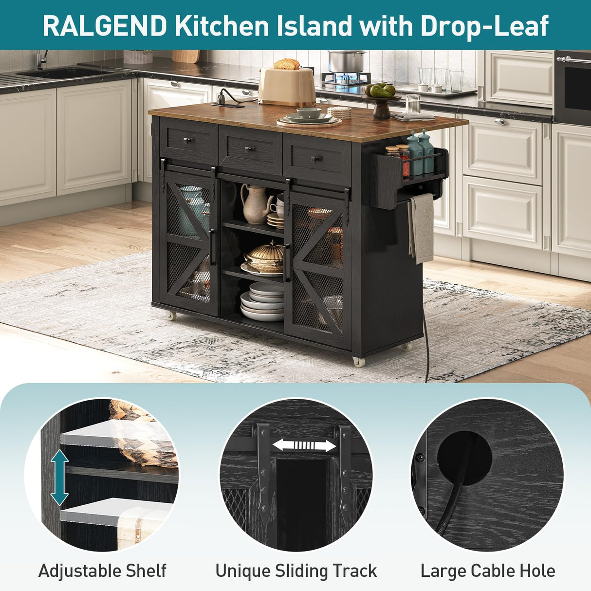 RALGEND Kitchen Island with Storage, Kitchen Cart with Charging Station, Rolling Kitchen Island Table with Drop-Leaf, 3 Drawers, Barn Doors, Towel Rack and Spice Rack, Black and Rustic Brown RALGEND