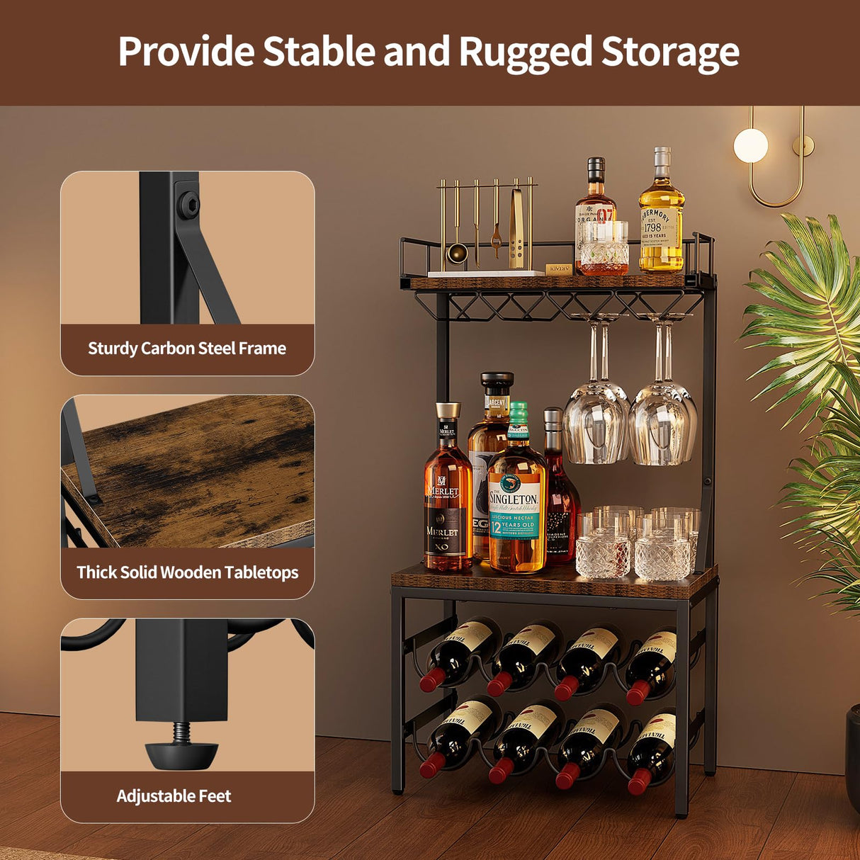 Nuovoware 3-Tier Liquor Cabinet with Wine Rack, Freestanding Liquor Stand with 8-Bottle for Mini Bar, Versatile Wine Rack Freestanding Floor with Tabletop and 8 Glass Holders, Black+Retro Brown Nuovoware