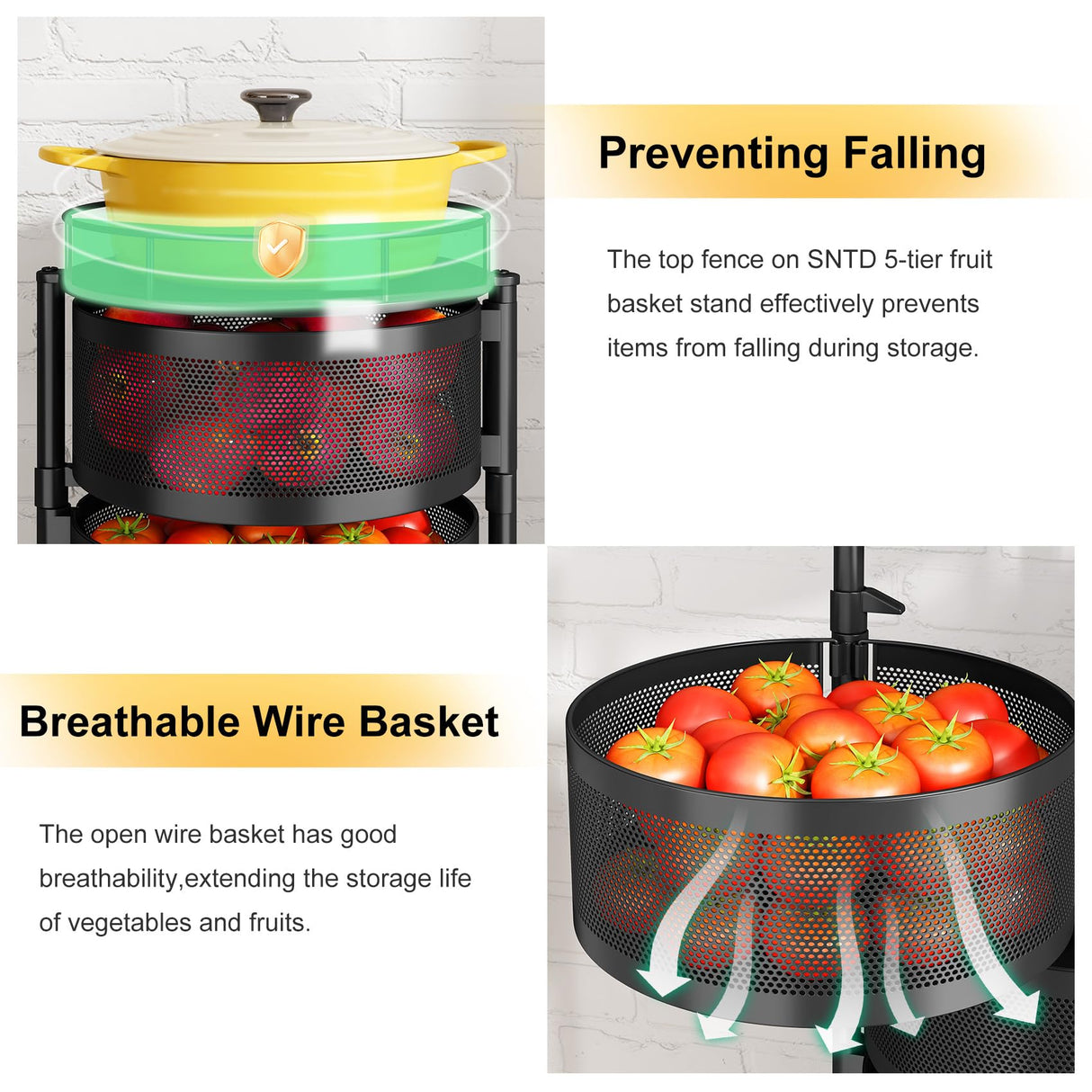 Fruit and Vegetable Basket Bowls for Kitchen with Metal Top Lid, SNTD 5 Tier Rotating Storage Rack Cart for Potato Onion Bread Banana, Wire Basket Organizer on Wheels, Large, Black SNTD