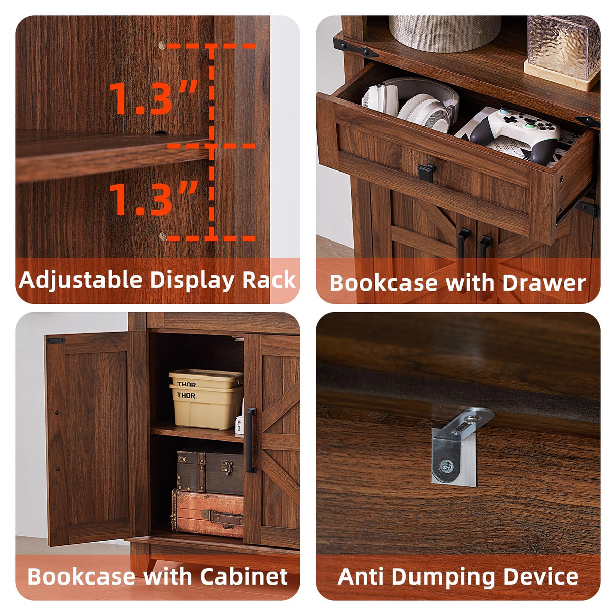 Joaxswe 72in Tall Bookshelf 7 Tier Bookcase with Drawer and Barn Doors and Adjustable Shelves, Brown Farmhouse Book Shelf with Storage Cabinet, Wood Freestanding Display Bookshelves for Kitchen Joaxswe