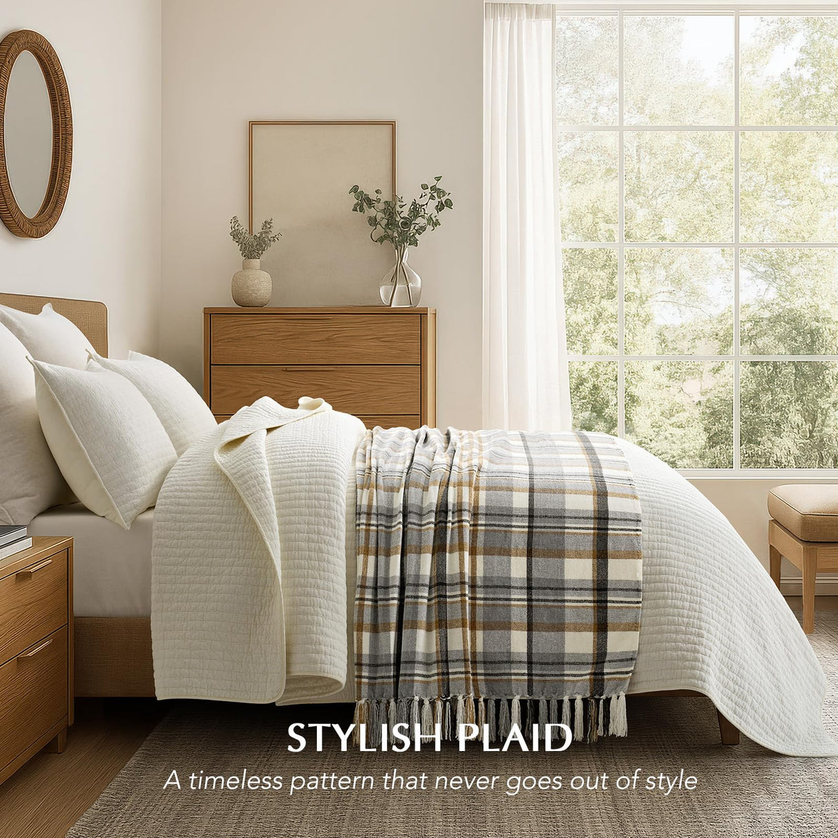 EVERGRACE Plaid Chenille Throw Blanket for Couch, Super Soft Cozy Decorative Farmhouse Plaid Throw with Tassels, Lightweight Chenille Knit Throw for Bed Sofa Gift Home Decor, Grey & Beige 50"x60" EverGrace