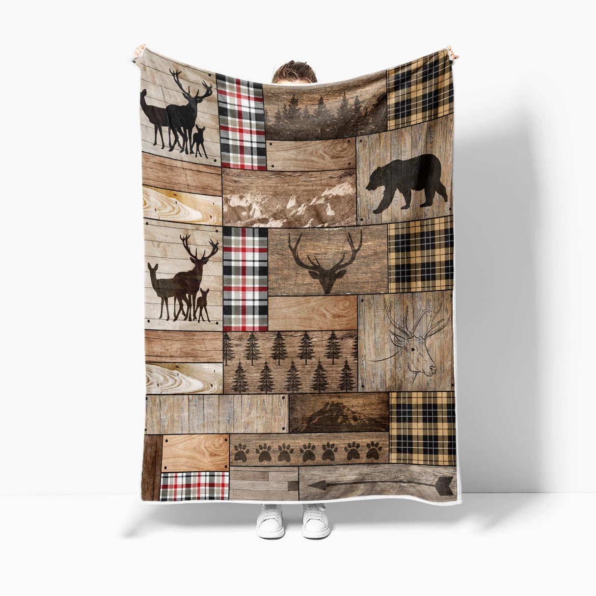 Torich Rustic Farmhouse Throw Blankets, Cabin Hunting Deer Bear Sports Cozy Warm Bed Couch Blanket, Country Wooden Hunting Camping Forest White Fleece Flannel Throws to Decorate The Room and Bedroom Torich
