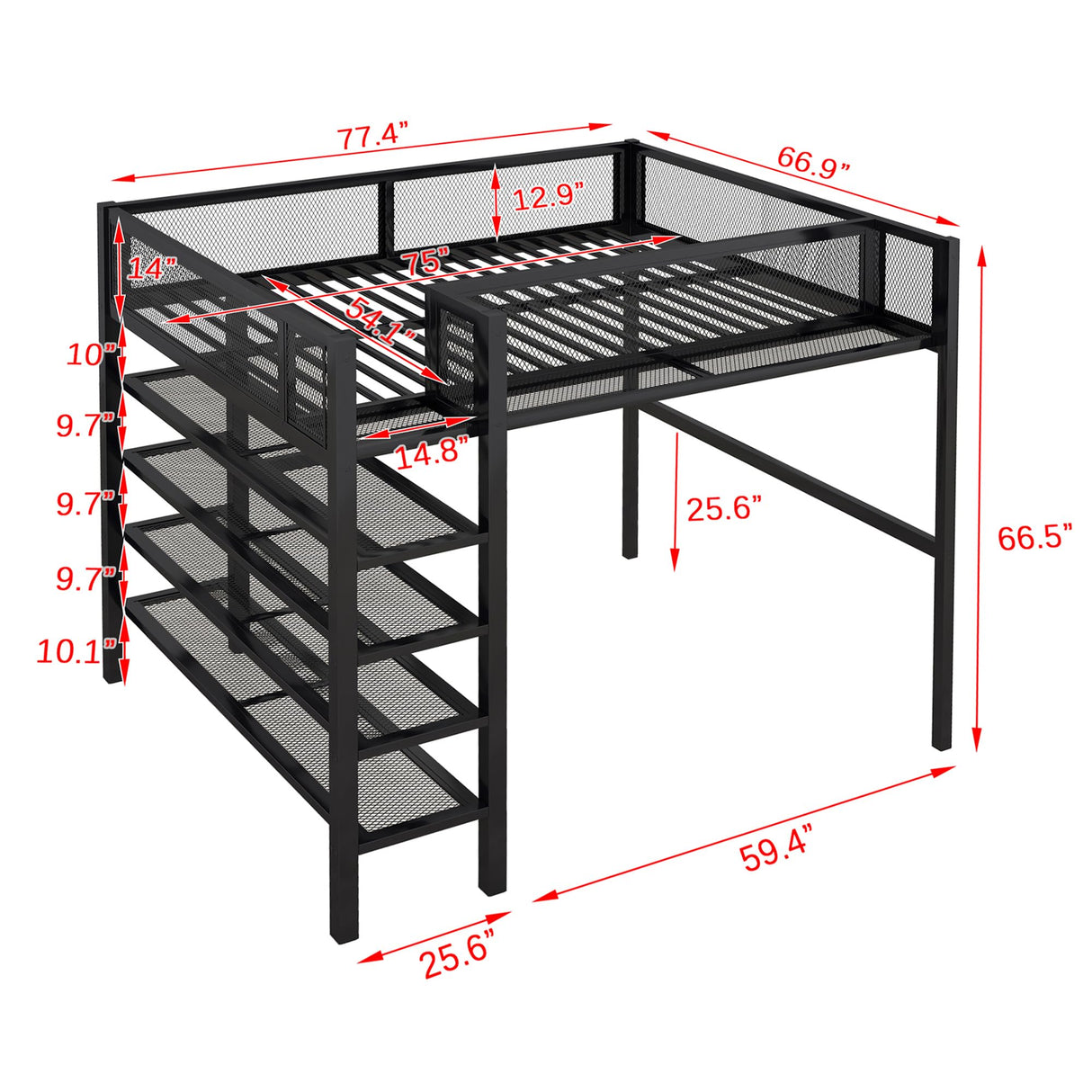 Bellemave Full Size Loft Bed with 4-Tier Shelves and Storage, Metal Loft Bed with Bookshelf, Full Size Loft Bed with Storage Stairs(with Bookshelf, Black) Bellemave