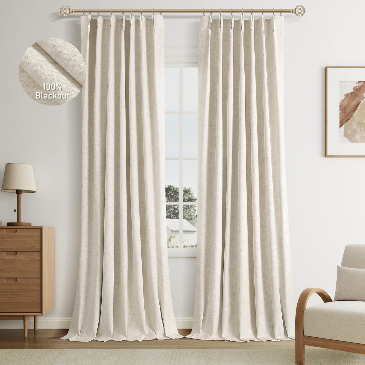 Jowels Natural Linen Blackout Curtains 108 Inch Length 2 Panels Set for Living Room Bedroom, Pinch Pleated Thermal Insulated 100% Black Out Curtains with Hooks, Room Darkening Back Tab Drapes Beige Jowels