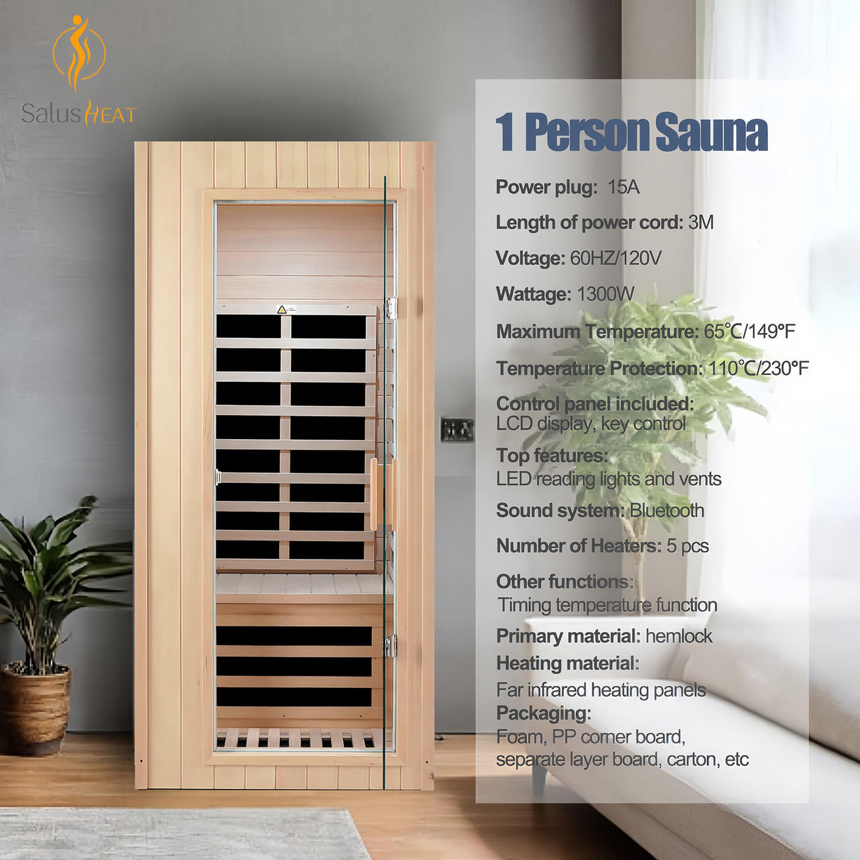 Far Infrared Sauna 1 Person Infrared Sauna Room Canadian Hemlock Wooden Sauna for Home, 1300W Low-EMF Indoor Saunas with Control Panel, Bluetooth Speakers, LED Reading Lamp, Tempered Glass Door SALUSHEAT