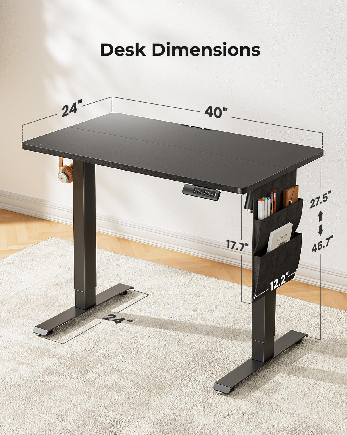 Marsail 48"x24" Electric Standing Desk, Adjustable Height Home Office Desk with Storage Bag, Headphone Hook, and 4 Memory Presets. Ideal Stand-Up Desk for Study, Writing, Work, and Computer Use. Marsail