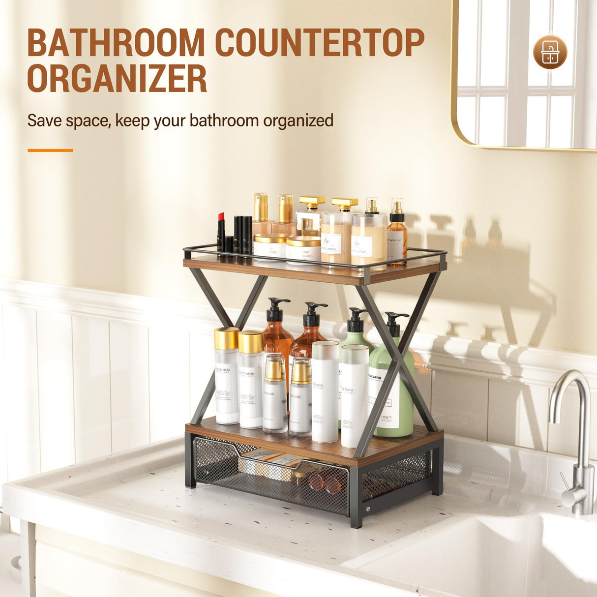 2 Tier Bathroom Counter Organizer with Drawer, Wood Vanity Bathroom Organizers and Storage for Perfume Skincare, Rustic Organizer Countertop Shelf for Bath Vanity Bedroom Kitchen Storage (Brown) Orapoke