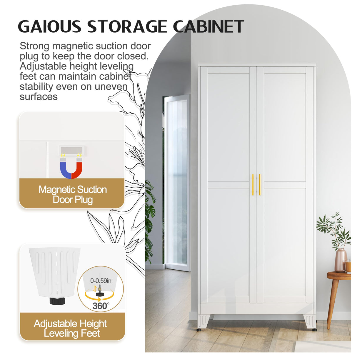 GAIOUS 71" Tall Metal Storage Cabinet with 2 Doors and 4 Adjustable Shelves, Kitchen Pantry Cabinet White Freestanding Cupboard, 5 Tier Multifunctional Steel Storage for Office, Kitchen, Dining Room GAIOUS