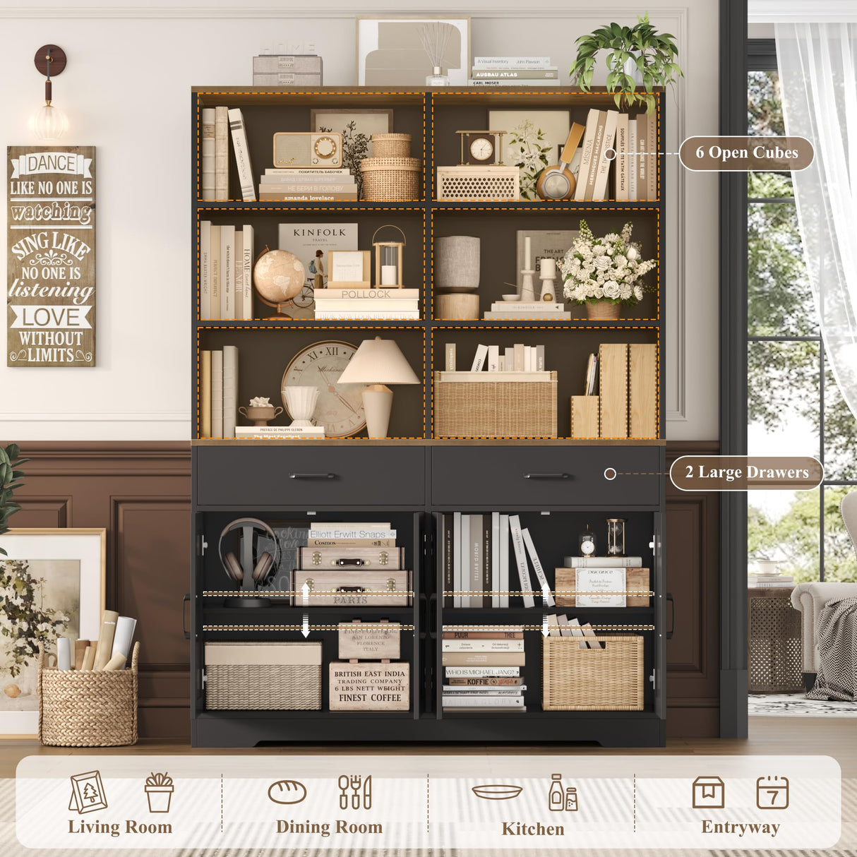 HOSTACK 69" Tall Book Shelf and Bookcase, Wooden Bookcase with Doors, Large Bookshelf with Drawers, Farmhouse Book Case with Storage Cabinet, Bookshelves with Display Shelves for Home Office, Black HOSTACK