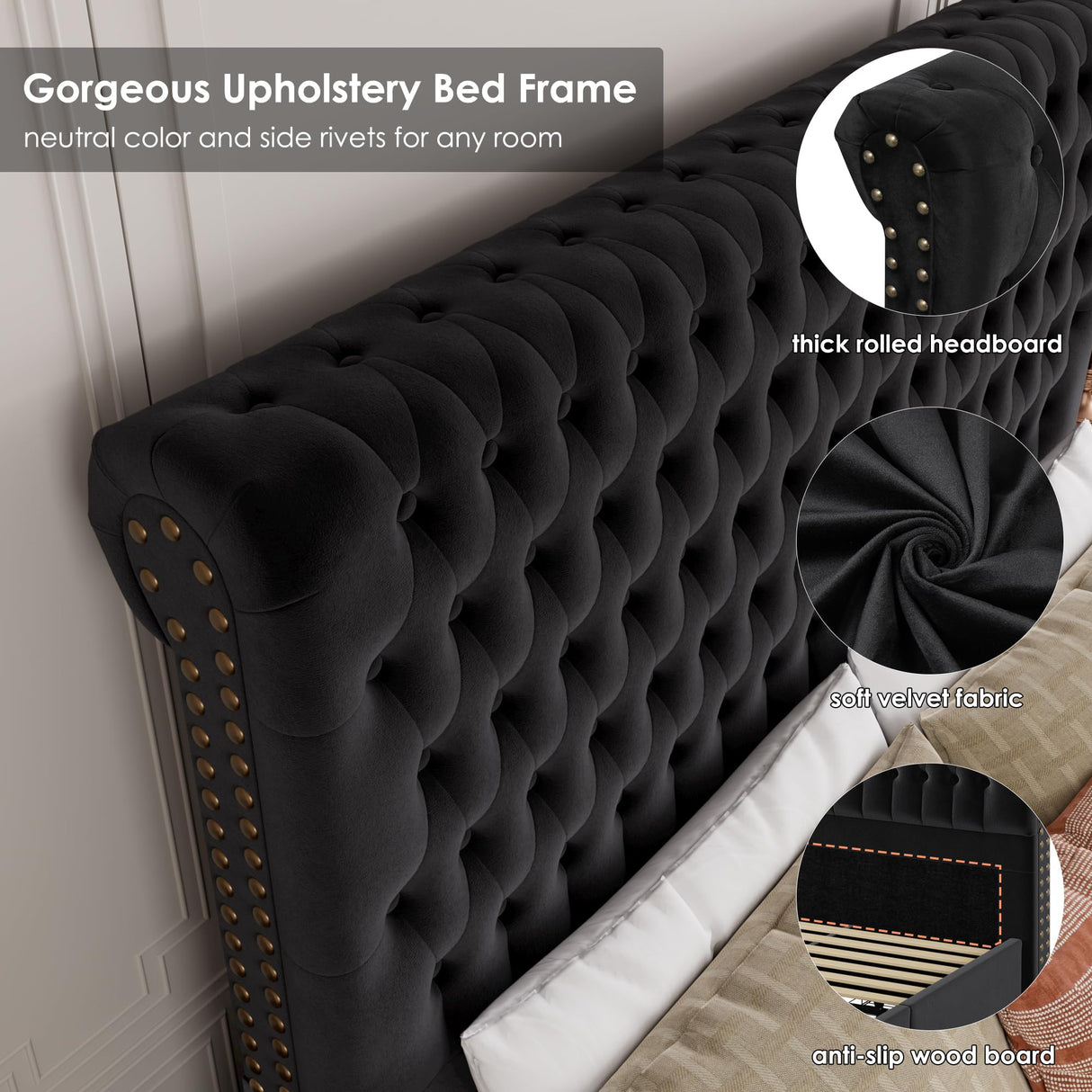 King Size Bed Frame 55" Tall Headboard with Gorgeous Button Tufted and Nail, Velvet Fabric Upholstered Bed Frame includes 4 Under-bed Storage Drawers, Wooden Slats, Noise-Free, Easy Assembly, Black Keyluv