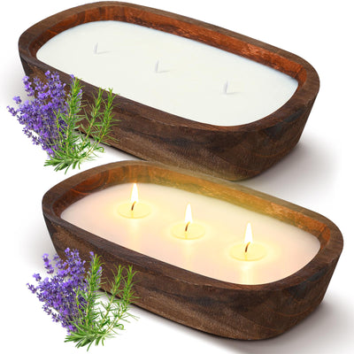 Threlaco 2 Pack 10 Inch Wood Dough Bowl Candle Candle Decorative with Wick Scented Candles Soy Gifts for Men Women Farmhouse Table Centerpiece Home(Lavender)