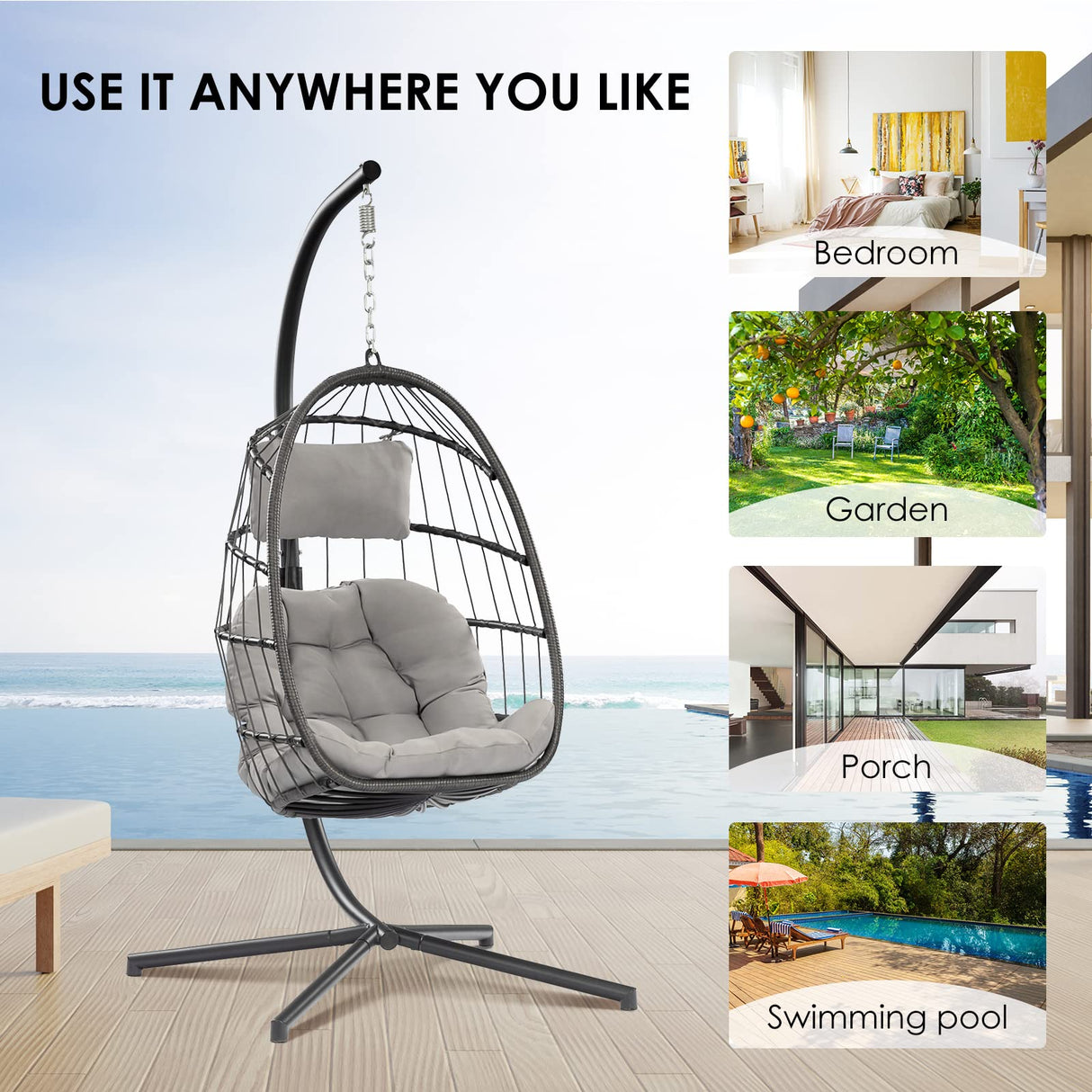Egg Swing Chair with Stand Hanging Egg Chair Outdoor - Rattan Wicker Patio Hanging Basket Chair Hammock Chair with Aluminum Steel Frame and UV Resistant Cushion for Indoor Bedroom Balcony (Grey) XIAO WEI