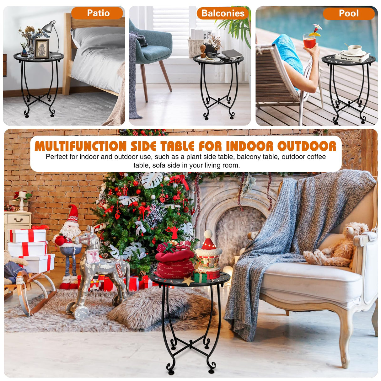 Outdoor Side Table for Small Spaces, Versatile 14 Inch Round Metal End Table for Patio Balcony Yard Porch Garden Bedside, Anti-Rust and Waterproof Accent Table for Indoor Outdoor Use, Easy Assembly Plant Castle