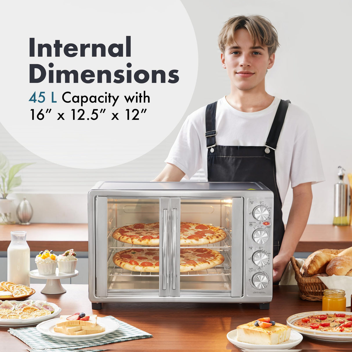 Elite Gourmet ETO-4510M French Door 47.5Qt, 18-Slice Convection Oven 4-Control Knobs, Bake Broil Toast Rotisserie Keep Warm, Includes 2 x 14" Pizza Racks, Stainless Steel Elite Gourmet