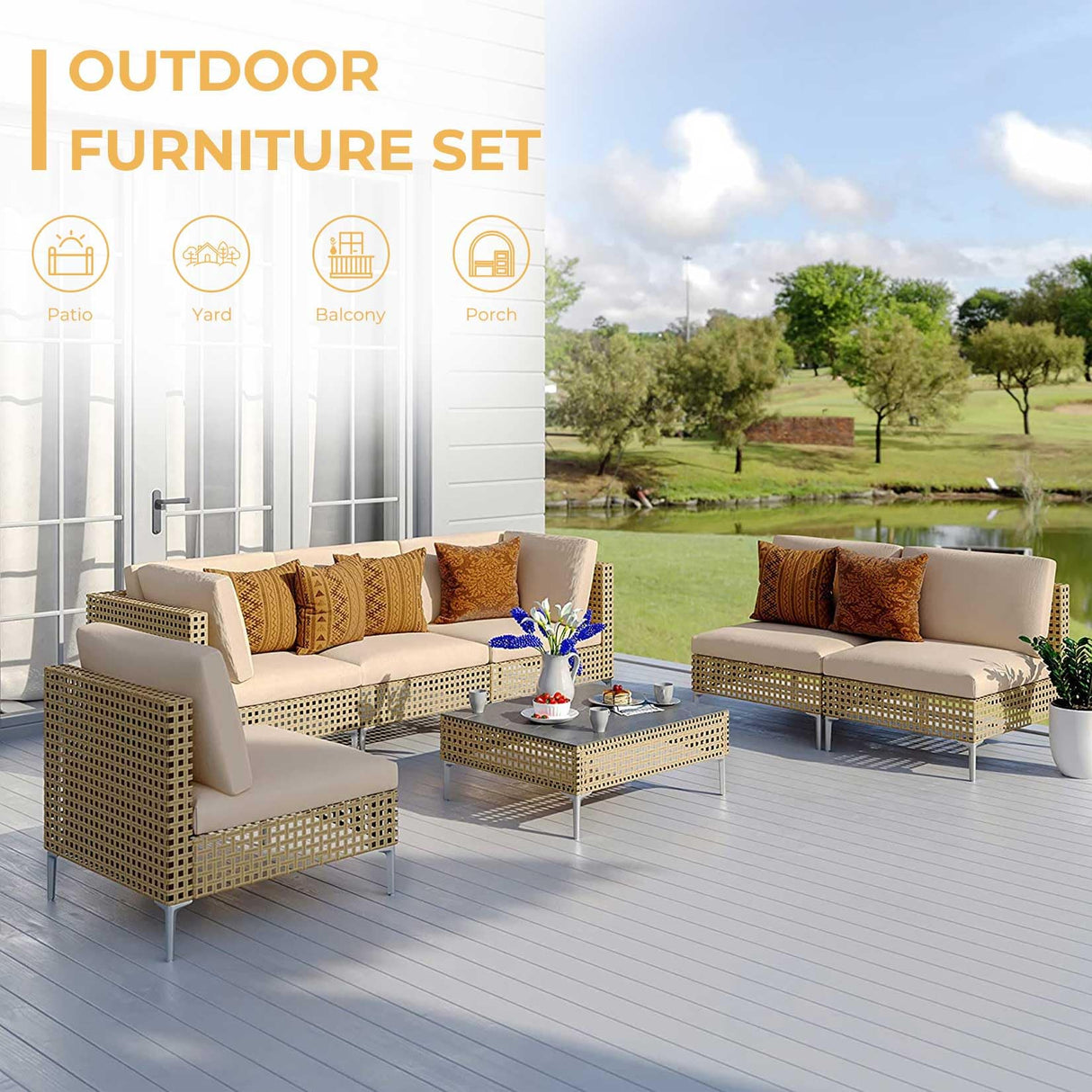 Grand patio 7-Piece Wicker Patio Furniture Set, All-Weather Boho Outdoor Conversation Set Sectional Sofa with Water Resistant Beige Thick Cushions and Coffee Table Grand patio