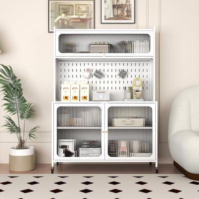 VIYET Kitchen Bakers Rack with Flip Door Cabinet, Metal Microwave Stand with Storage Cabinet and Metal Pegboard Panels for Kitchen, Pantry, Home(White)