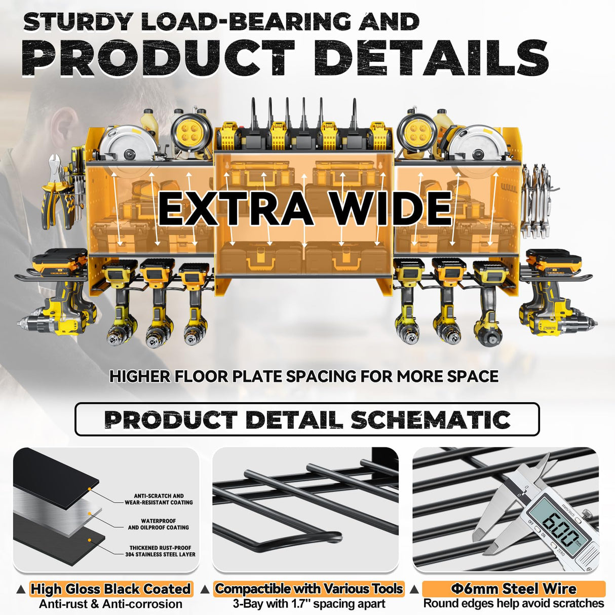 WIWIDRM Upgrade Large Power Tool Organizer Wall Mount with Charging Station Tool Storage Rack with 6.5FT Power Strip 10 Drill Holder and Storage Rack for Garage Organization WIWIDRM