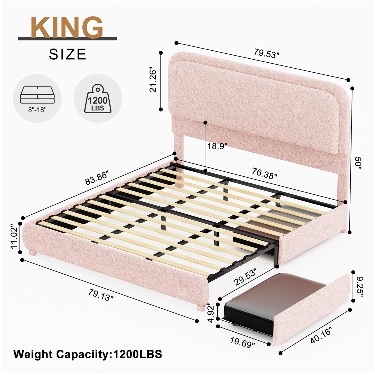 King LED Bed Frame with 2 Drawers, Teddy Fleece Rounded Corner Storage Platform Bedframe with Upholstered Headboard, No Box Spring Needed, Noise Free, Easy Assembly, Pink SIBEDS