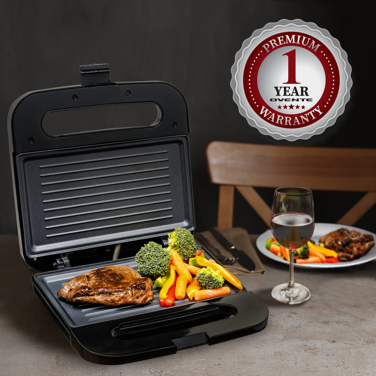 OVENTE Electric Panini Press Grill with Nonstick Plates, LED Indicator Lights, Thermostat Control, Cool Touch Handle, Compact Sandwich Maker Perfect for Cooking Breakfast, Snacks & More, Black GP0401B OVENTE