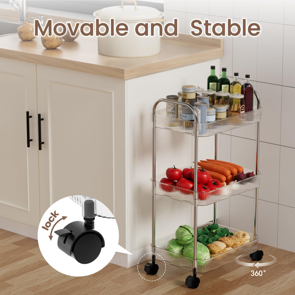 STARLATTA 3 Tier Rolling Cart with Wheels,Utility Cart Storage Cart with Handle for Kitchen,Bathroom Storage Cart,Laundry Cart,Movable Room Organizers and Storage,Book Cart,Snack Cart,Craft Cart STARLATTA