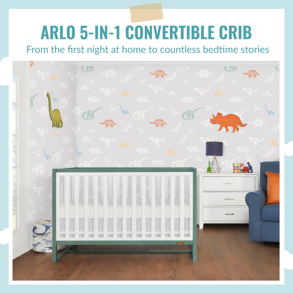 Dream On Me Arlo 5-in-1 Convertible Crib in Jungle Green, JPMA Certified, 3 Mattress Height Settings, Non-Toxic Finish, Made of Sustainable and Sturdy Pinewood Dream On Me