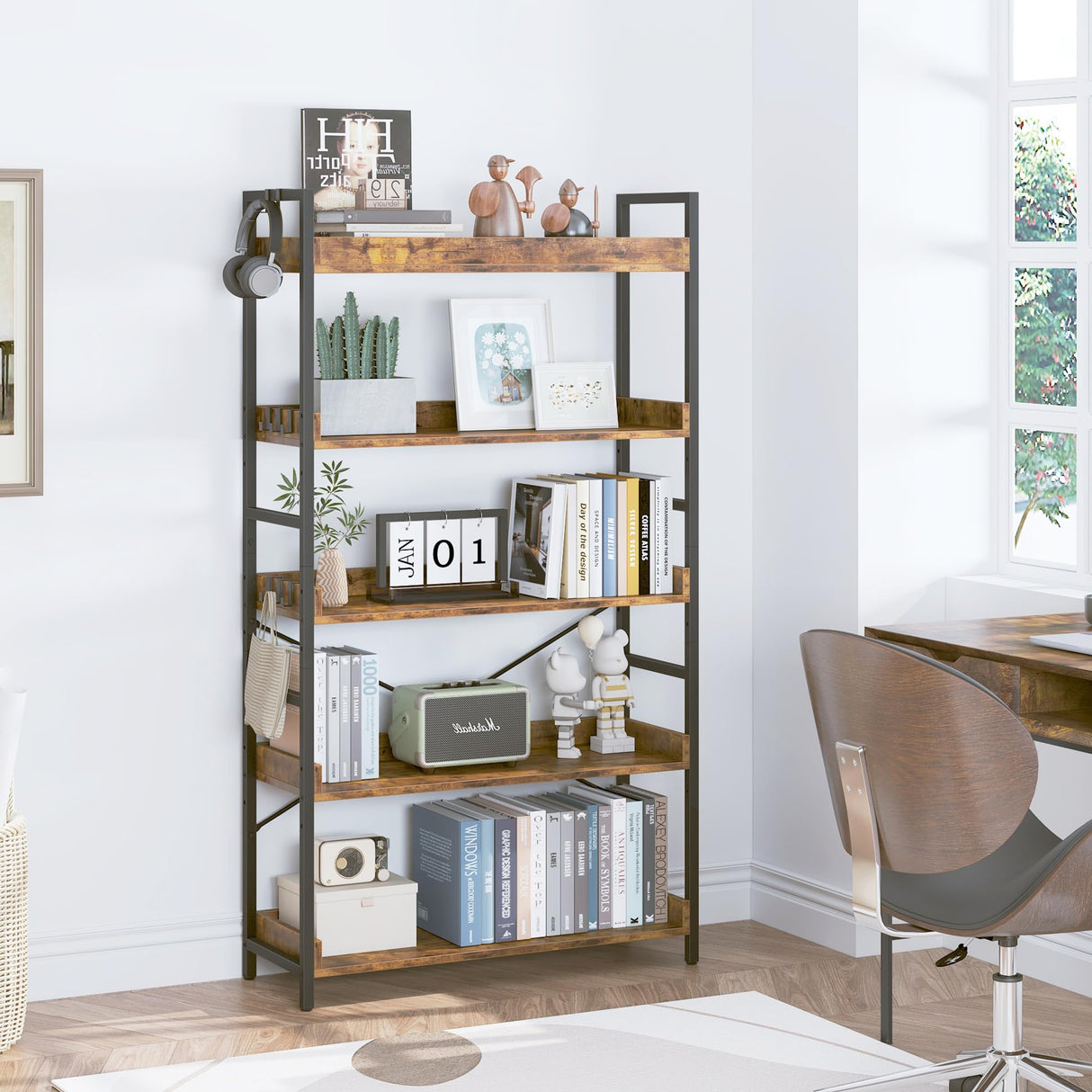 HCHQHS 5 Tier Bookshelf, Adjustable Industrial Bookcase, Vertical Tall Book Shelf, Wood and Black Metal Open Bookshelves for Home Office, Living Room, Bedroom HCHQHS