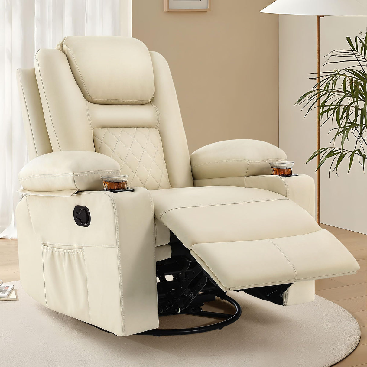 YITAHOME Recliner Chair,PU Rocking Chair for Adults,Swivel Recliner with Cup Holders,Heat and Massage,Single Sofa Seat with Side Pockets for Living Room/Bedroom,White YITAHOME