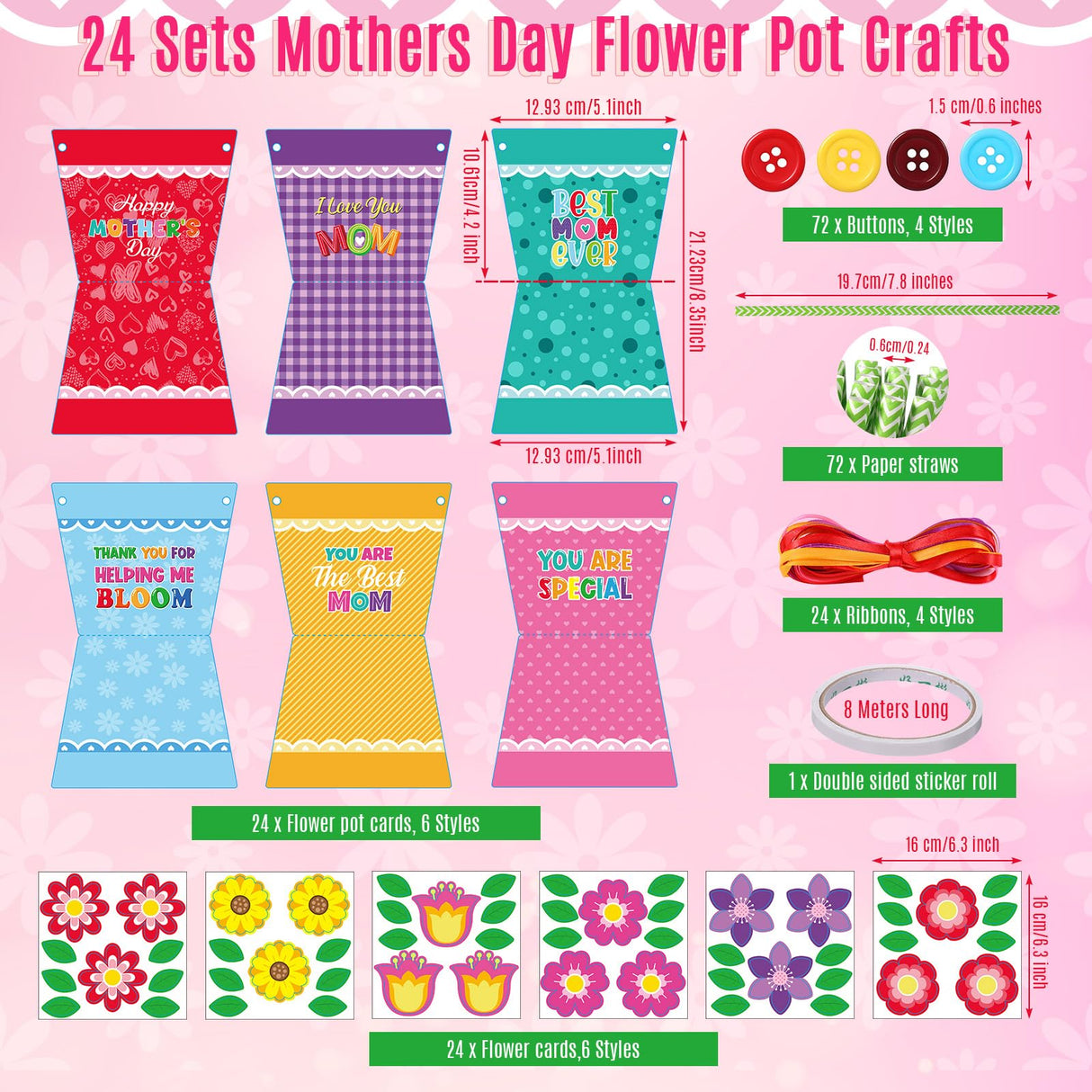Kosiz 24 Sets Mother's Day Crafts Kit for Kids Flower Card Making Kit with Buttons Straws Ribbon DIY Flower Pot Handmade Greeting Card for Mother's Day Gift Home School Classroom Art Activities Kosiz