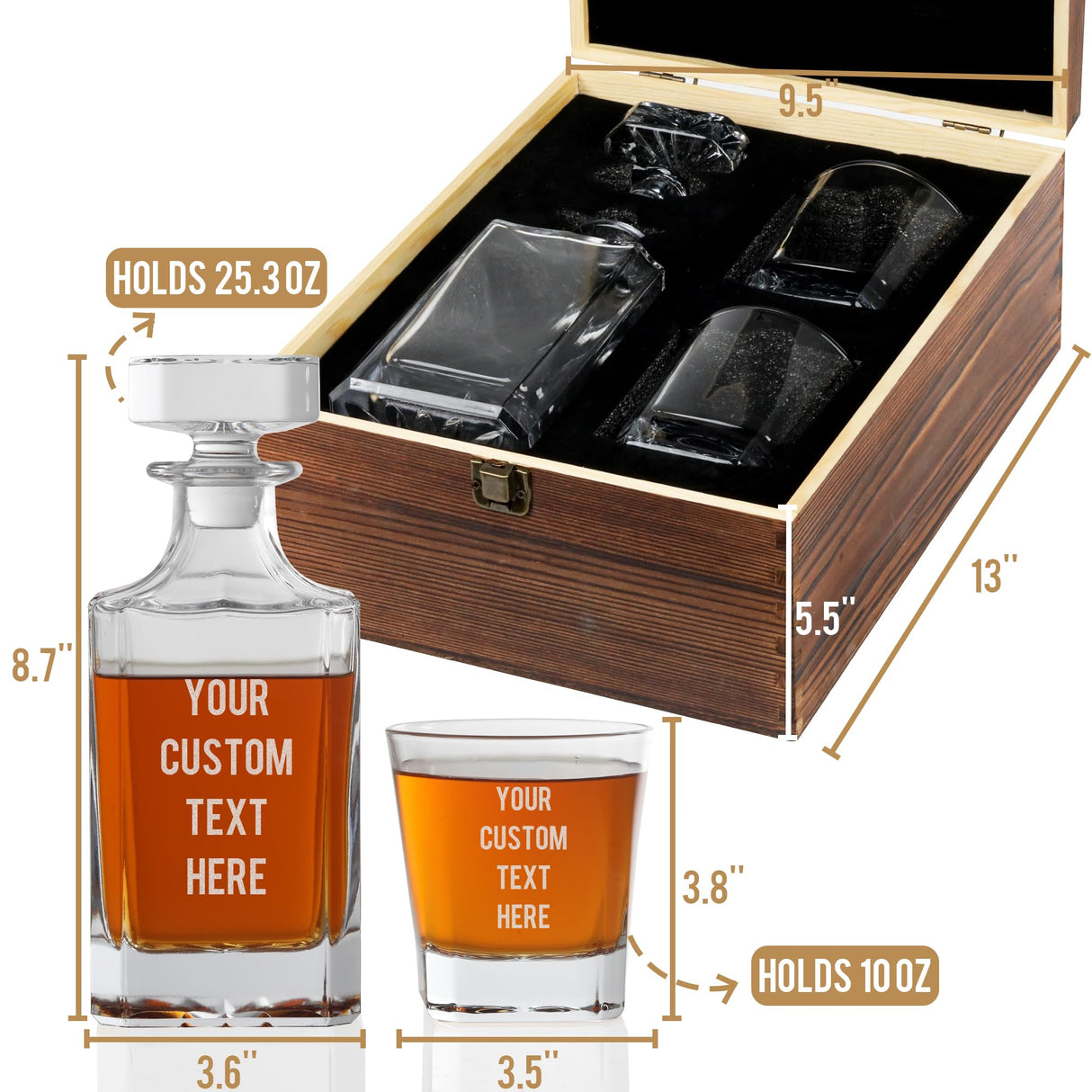 Personalized Whiskey Decanter Set with Photo, Logo or Text, Custom Engraved Liquor Decanter with whiskey glasses, Customized Gifts for Men, Dad, Birthday & Retirement with Wood Gift Box (Text or Logo) Yay! Personalized Gifts