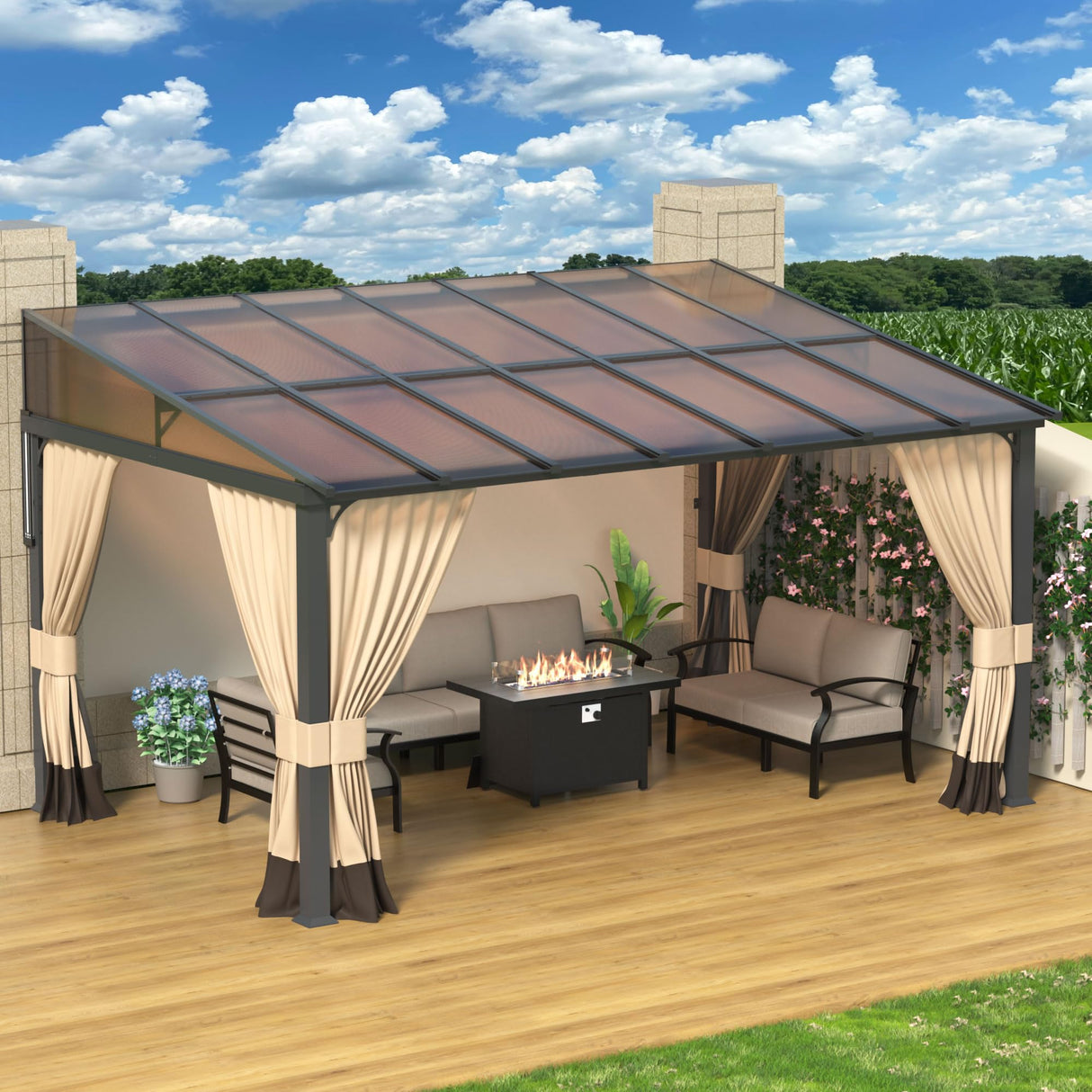 RTDTD 10' x 14' Gazebo,Hard Top Lean to Gazebo Wall Mount Heavy Hardtop Gazebo Outdoor Pergola with Curtains and Netting for Patio Garden Lawn Backyard Deck (Brown) RTDTD