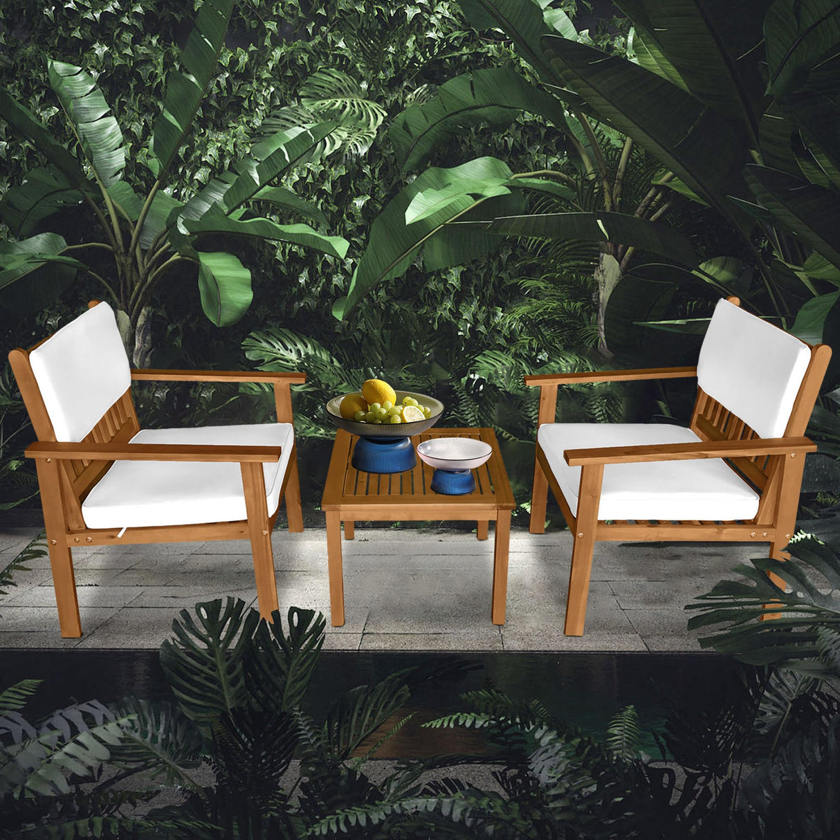 PayLessHere 3 Pieces Acacia Wood Patio Bistro Set with Water Resistant Cushions and Coffee Table for Backyard Garden Patio Furniture Outdoor Table Chair Set Outdoor Wood Chat Chairs Set PayLessHere