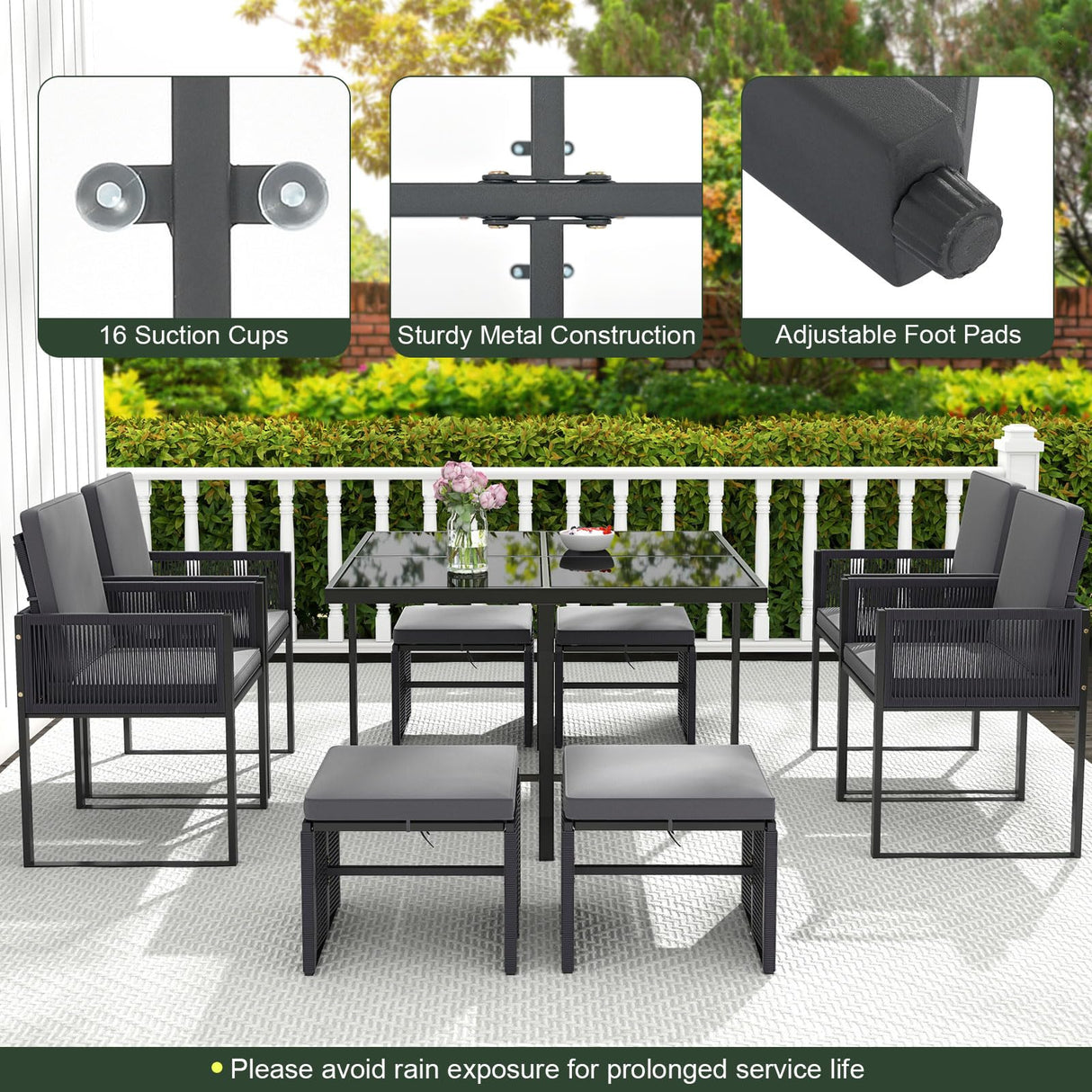 Tangkula 9 Pieces Patio Dining Set, Outdoor Space-Saving Furniture Set with PE Rattan Chairs, Tempered Glass Table and Ottomans, Outdoor Sectional Conversation Set with Cushions for Yard Tangkula