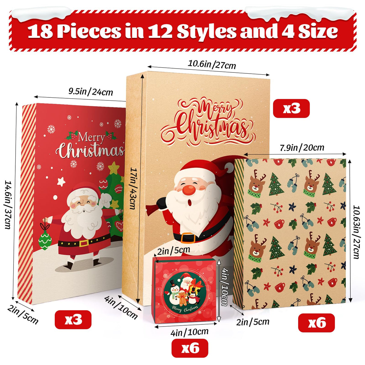 EverMerry 18 Piece Christmas Gift Boxes, with Lids for Presents Decorative Shirt Box for Xmas Holiday, Gift Wrapping with 12 Designs and 4 Sizes for Christmas Shirt, Sweaters EverMerry