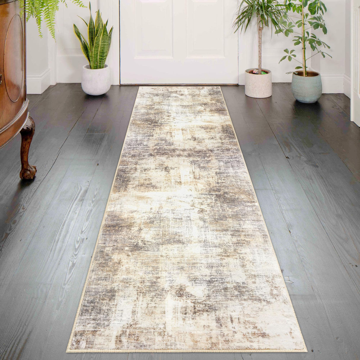 IOHOUZE Abstract Runner Rug 2x6 Ft Washable Runners for Hallways, Non Slip Kitchen Runner Printed Faux Wool Entryway Runner Indoor, Modern Abstract Floor Carpet for Hall Kitchen Bedroom, Beige Brown IOHOUZE