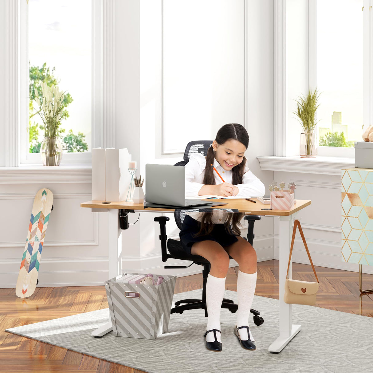 Meilocar Height Adjustable Electric Standing Desk, Sit Stand Computer Desk w/Memory Controller, Home Office Workstation Stand up Desk with Splice Board, 48" x 24" Tabletop (Walnut Top + White Frame) Meilocar