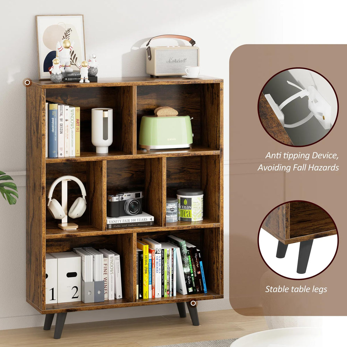 Vongrasig 7 Cube Bookshelf, 3 Tier Mid-Century Modern Bookcase with Legs, Wooden Bookshelf Storage Organizer Display Bookcase for Bedroom, Living Room, Office, Rustic Brown Vongrasig