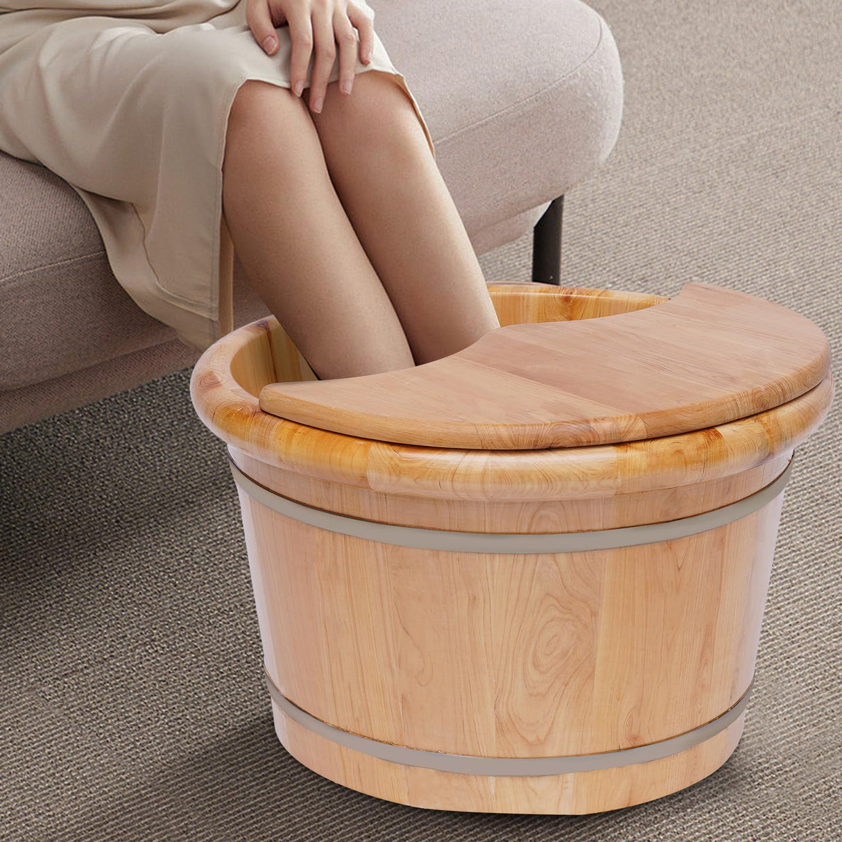 Foot Bath Basin Wood Foot Tub, Soaker Washing Sauna Bucket with Massager and Lid, Wooden Foot Basin Bucket with Massage Plus Cover Plate Foot Barrel WETUSSEX