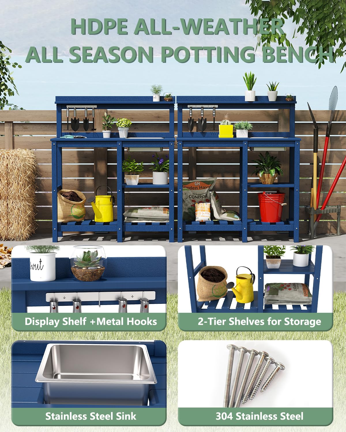 FOOWIN Potting Bench, HDPE Outdoor Potting Table with Sink, All-Weather Potting Benches for Outside, Gardening Table with Storage Shelf, Hook, for Garden, Patio, Lawns, Navy Blue FOOWIN