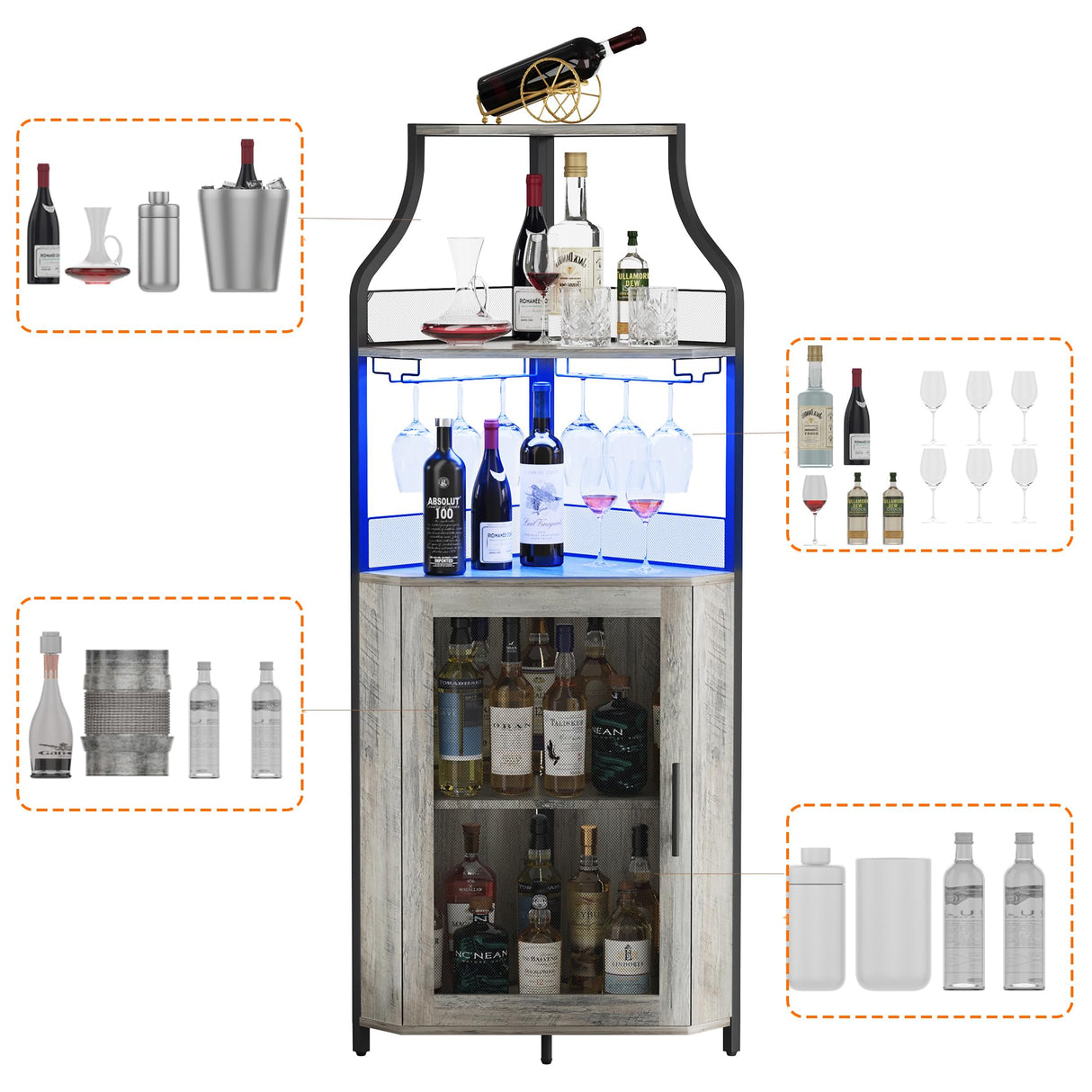 GAOMON Corner Bar Cabinet with LED Strip and Glass Holder, Industrial Wine Cabinet with Adjustble Shelf, 5-Tiers Liquor Cabinet Bar Cabinet for Home, Corner Display Cabinet for Small Space,Grey GAOMON