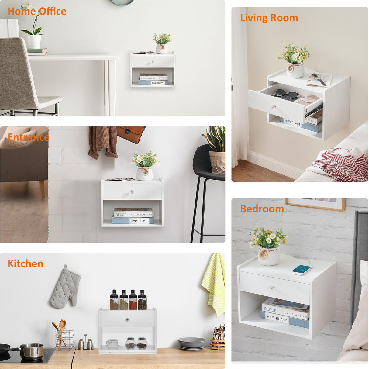 BWEISHOME Floating Nightstand with Drawer, White Nightstand Floating Bedside Table, Wall Mounted Nightstand Floating Night Stand Floating Side Table, Floating Shelves Bedroom KTZ04W BEWISHOME