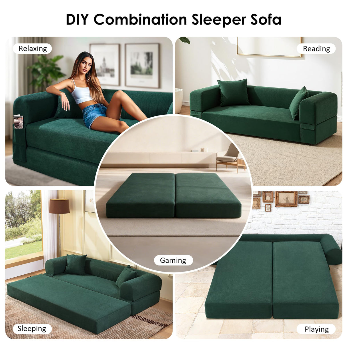 80" Convertible Sofa Bed, 3-in-1 Corduroy Folding Pull Out Couch with Pillows, No Assembly Modern Boneless Couch Compression Sofa in Box, Floor Sofa with Side Storage Pocket for Living Room,Dark Green Zyerch