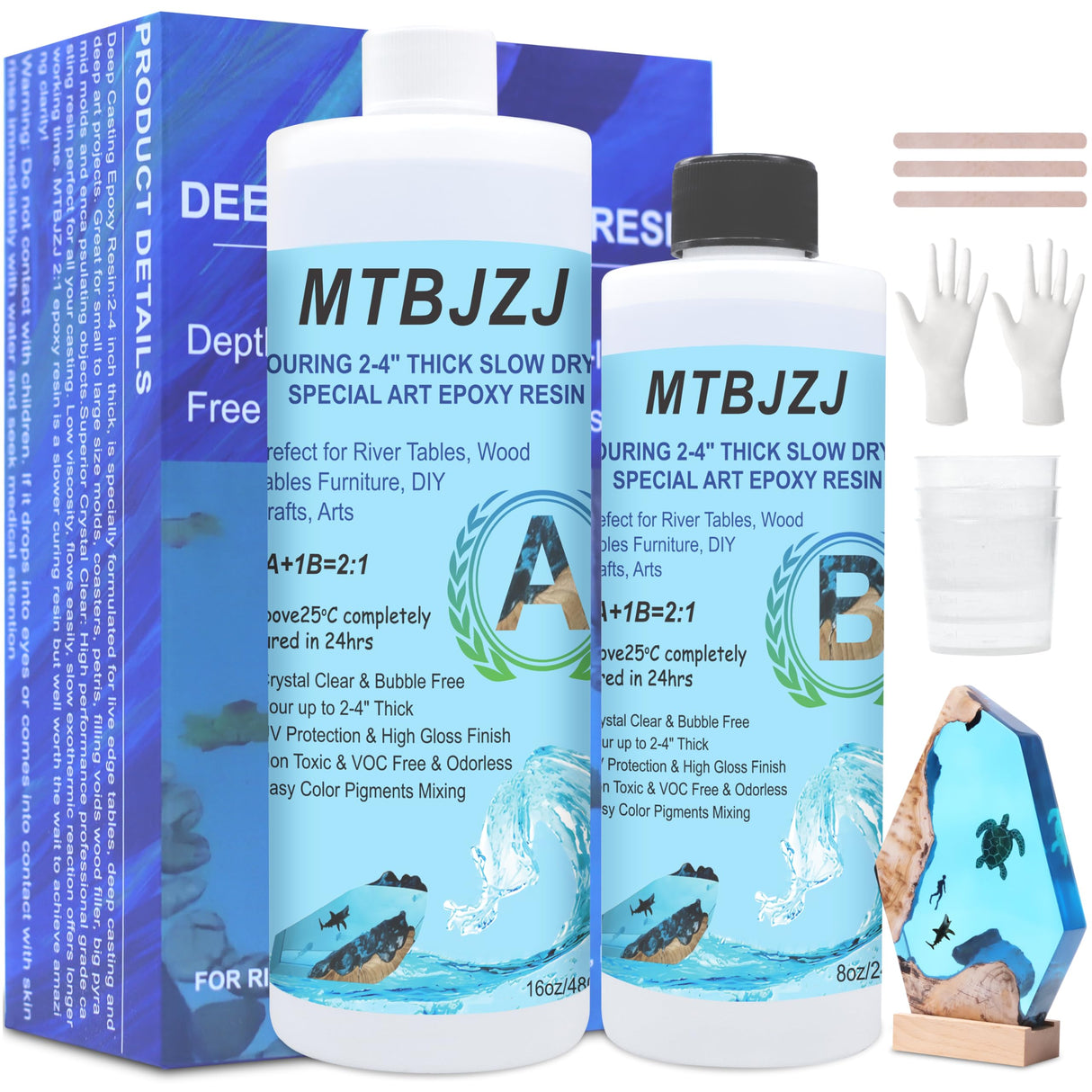 MTBJZJ Deep Pour Epoxy Resin, Crystal Clear Resin Kit 24oz, 2"-4" Ultra Clear Finish & Bubble-Free, 2:1 Art Casting Resin for Epoxy River Tables, Wood MTBJZJ