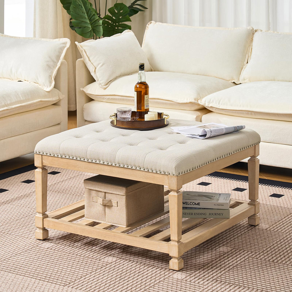 Befurtori Large Square Ottoman Coffee Table, Linen Solid Upholstered Footrest Ottoman with Solid Wood Shelf Storage Tufted Coffee Table for Bedroom Living Room-Ivory Befurtori