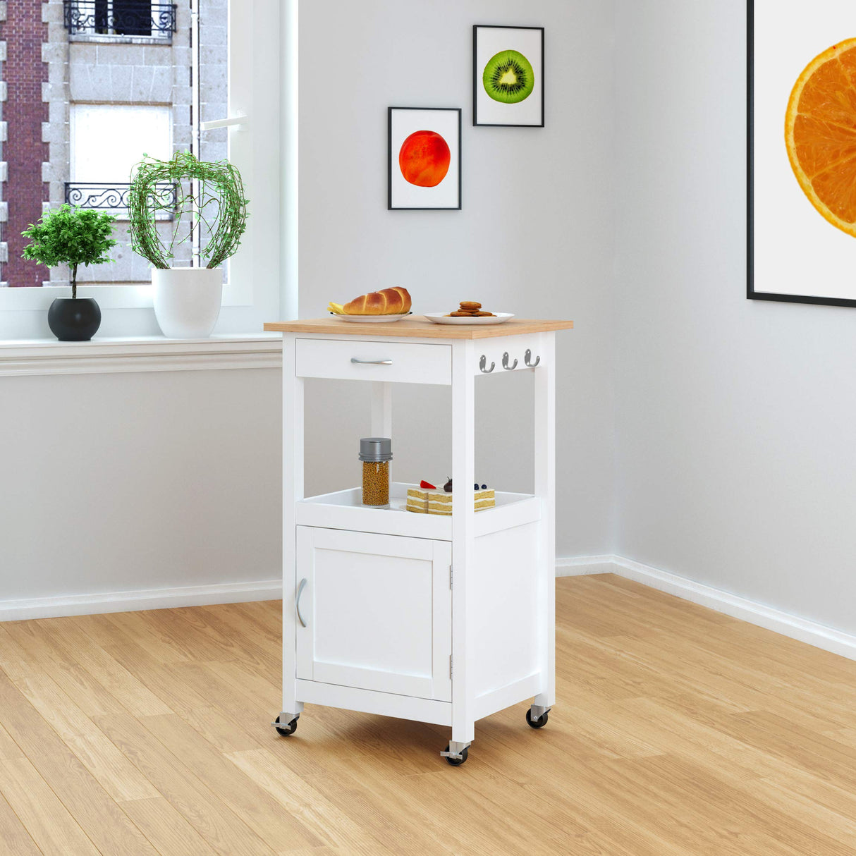eHemco Kitchen Island Cart on Wheels with Drawer, Storage Cabinet, Shelf and Natural Solid Hardwood Top, White Base eHemco