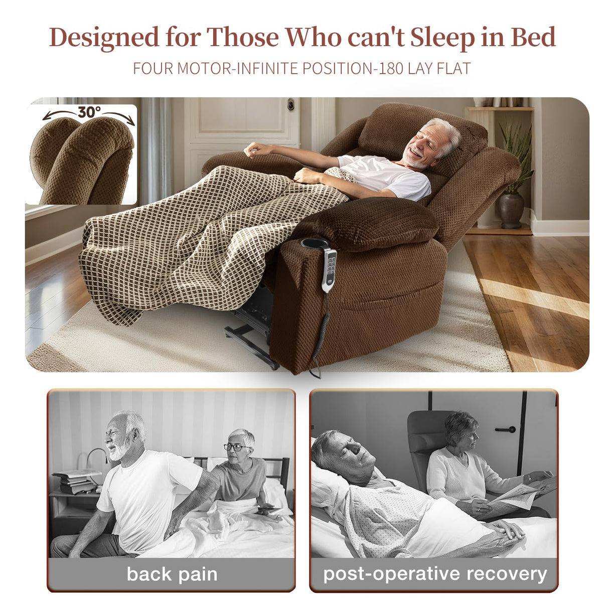 Neioml Four Motor Zero-Gravity Large-Wide Power Lift Chairs Recliners for Elderly, Infinite Position, 180° Lay Flat Lift Chair Big and Tall, Heat & Massage (Plush Flannel, Dark Brown) Neioml