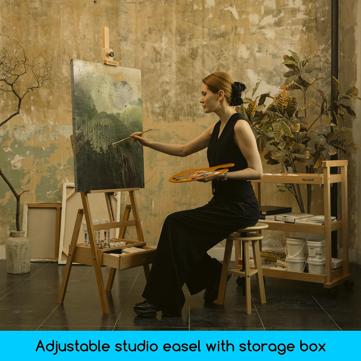 MEEDEN Forward Tilt Studio H-Frame Easel with Art Supply Storage Drawer - Adjustable (58"~75") Solid Beech Wood Easel Stand for Artists, Students and Beginners, Holds Canvas Art up to 37" MEEDEN