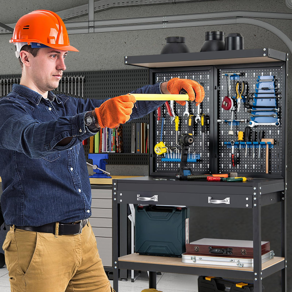 Goplus Workbench with Pegboard, 32" x 16" Multi-use Workbench with 2 Tires of Shelves, Topping Space, Drawer, Robust Metal Frame, Heavy-Duty Work Table Tool Storage Bench for Workshop Garage Goplus