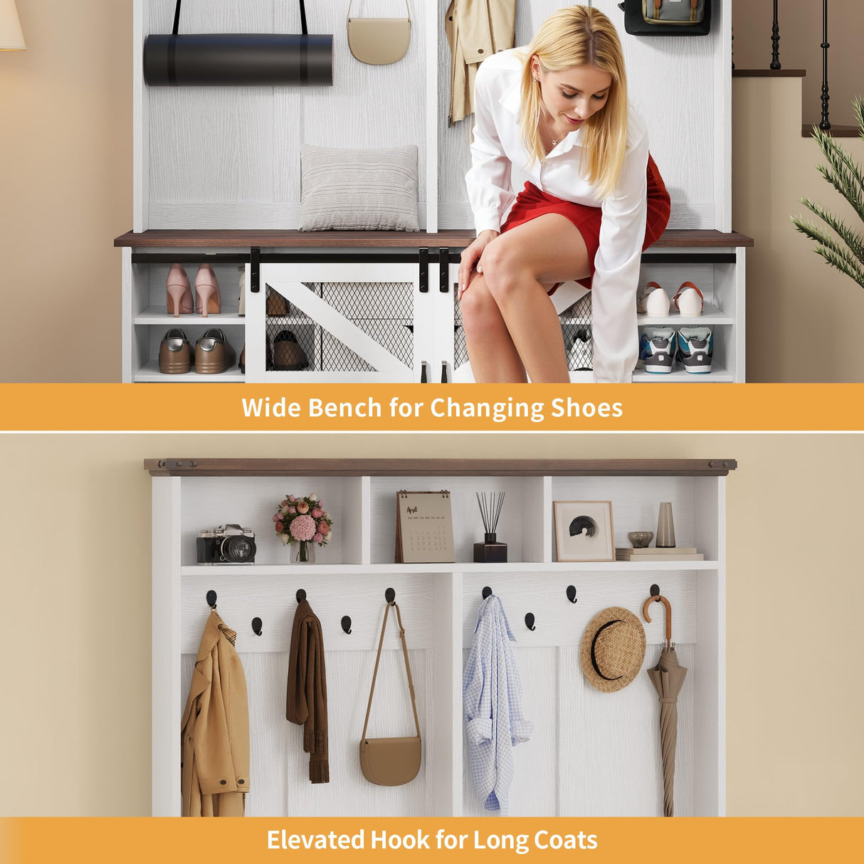 DWVO 59" Wide Hall Tree with Bench and Storage for Hallway Entryway, Coat Rack with Adjustable LED Light, Sliding Barn Doors, 10 Shoe Cubbies & 10 Coat Hooks for Bedchamber Living Room (Rustic White) DWVO