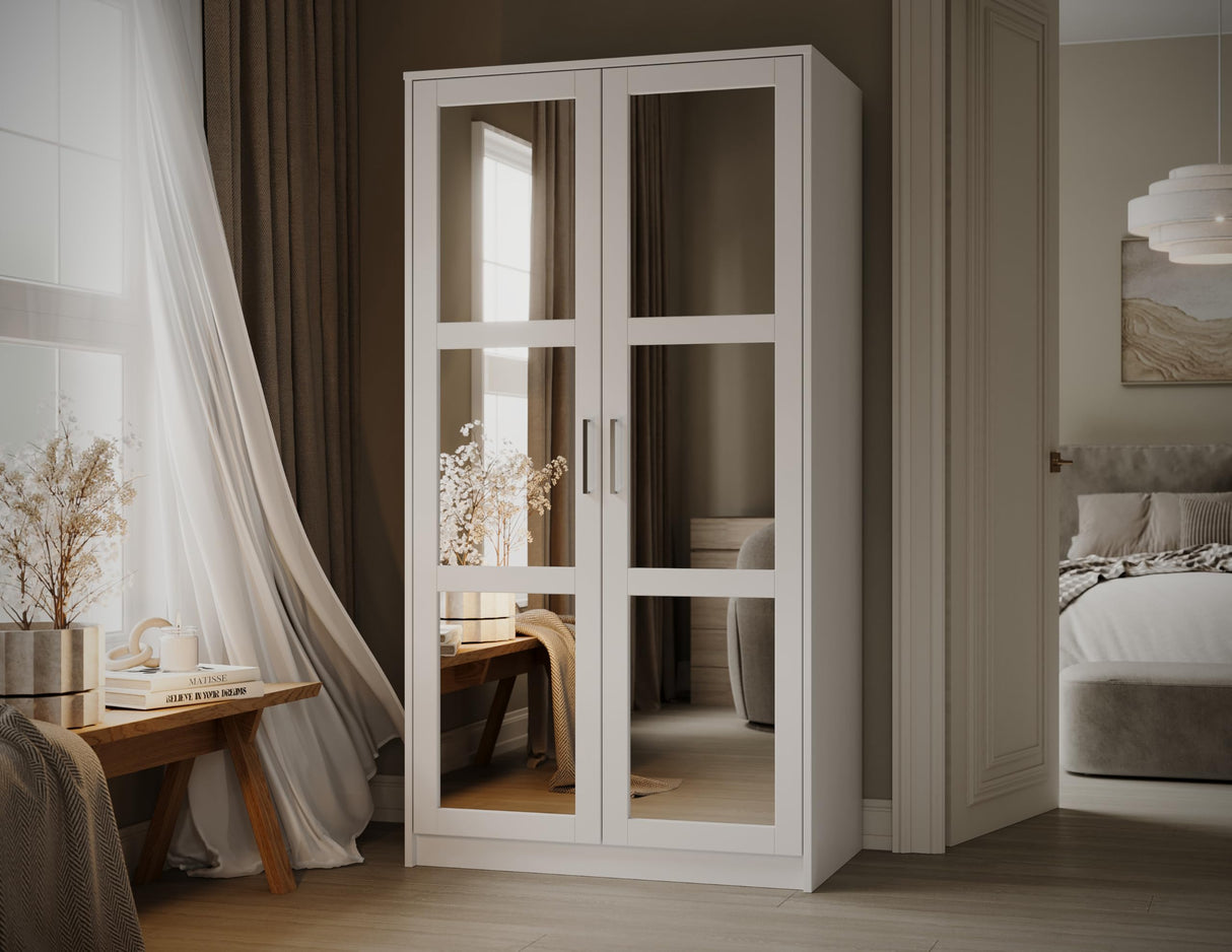 Palace Imports Solid Wood 2-Door Wardrobe Armoire Closet with Mirrored Doors – White Bedroom Storage, 37.75" W x 72" H x 21.75" D, 100% Eco-Friendly Pine, Made in Brazil Palace Imports